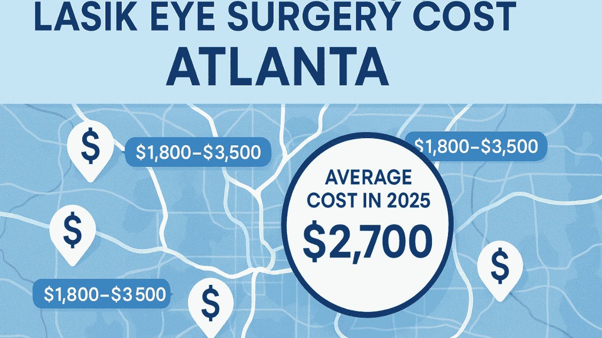 Cover image showing a stylized map of Atlanta with LASIK clinic locations and cost ranges, highlighting average LASIK eye surgery cost Atlanta in 2025