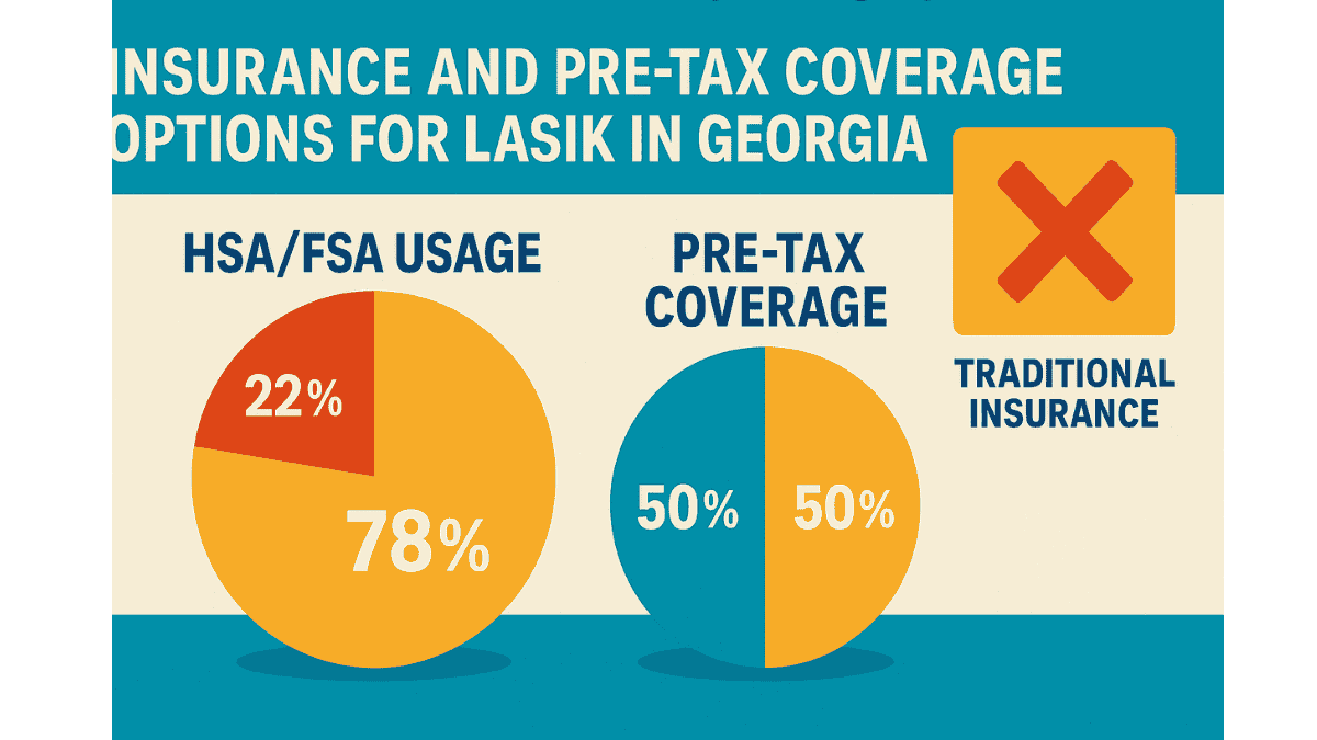 Infographic showing how LASIK is typically not covered by insurance but can be funded using HSA or FSA accounts in Georgia.