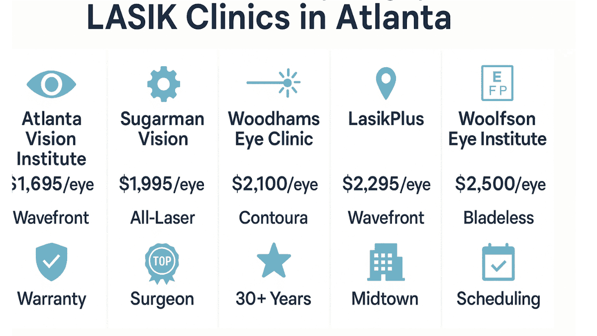 Infographic comparing prices, LASIK technology, and features of top 5 eye surgery clinics in Atlanta.