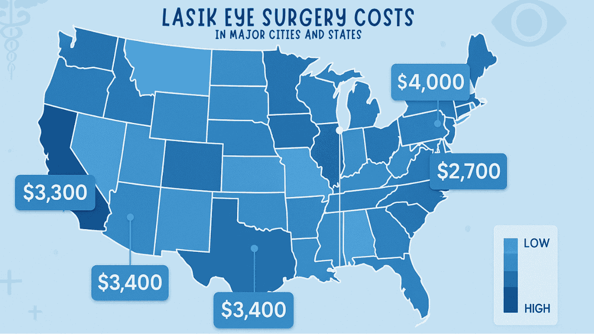U.S. map showing average LASIK costs in major cities and states