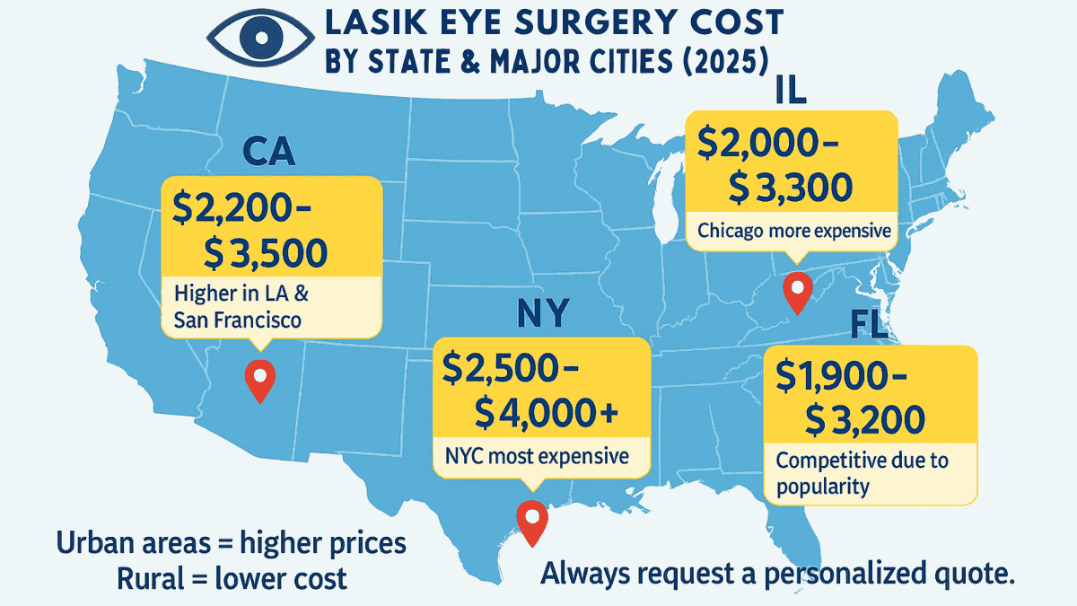 LASIK eye surgery cost comparison by U.S. states and major cities in 2025