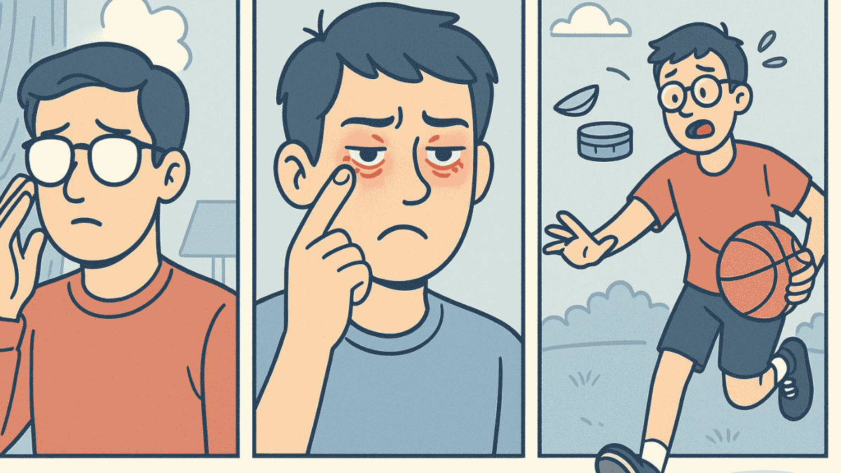 Illustration of struggles with glasses and contacts like fog and eye strain