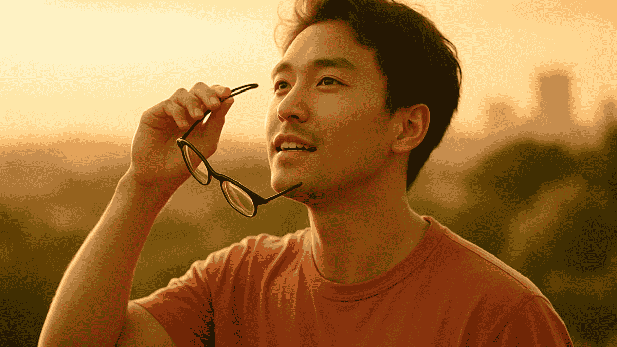 Person removing glasses to symbolize vision correction freedom