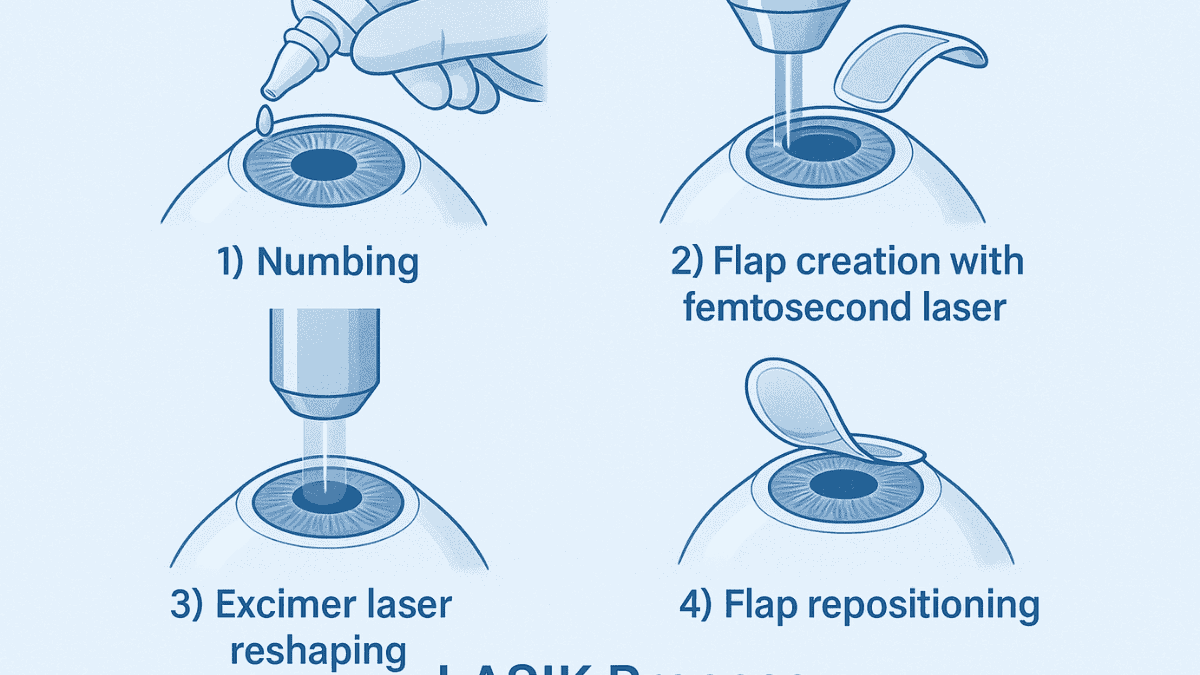 Diagram showing each step of the LASIK eye surgery process