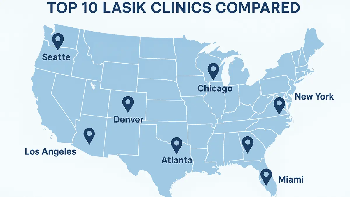Map highlighting top 10 LASIK eye surgery clinics near me in the USA