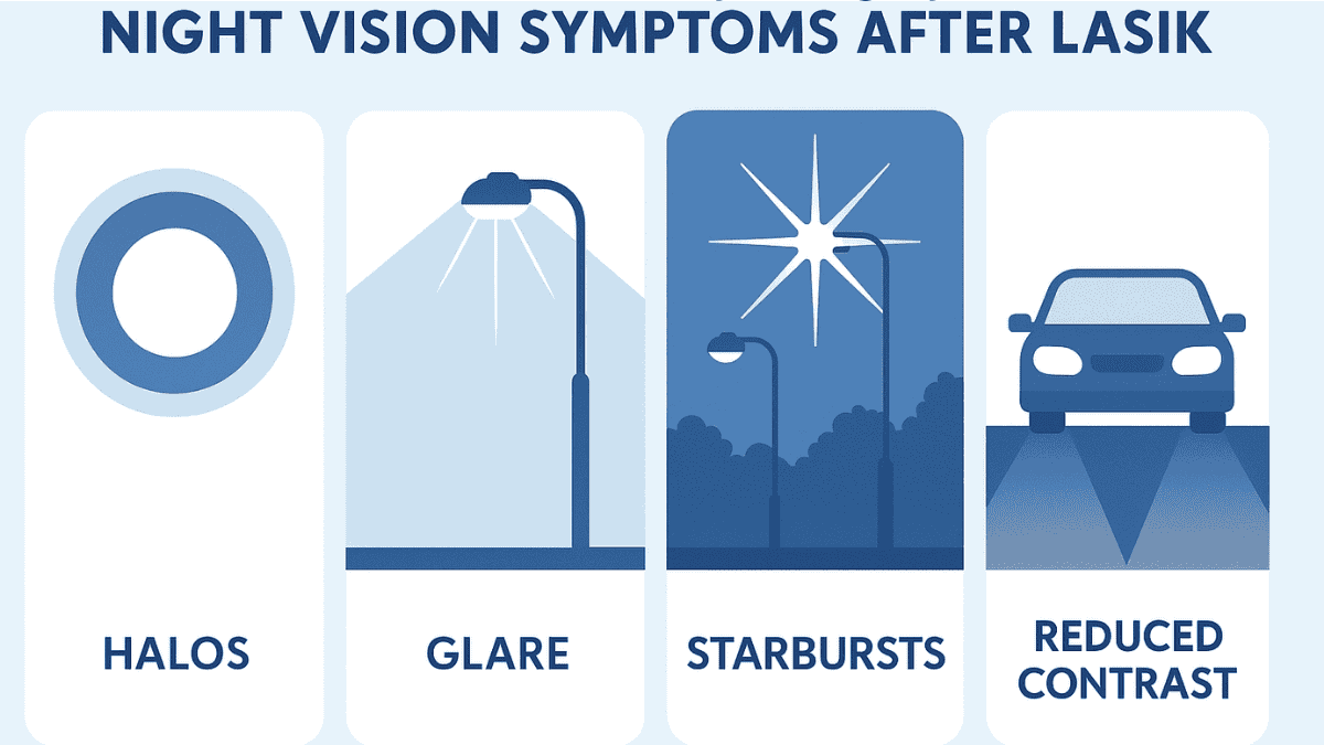 Infographic with side-by-side visuals depicting four common night vision issues post-LASIK: halos, glare, starbursts, and reduced contrast sensitivity.