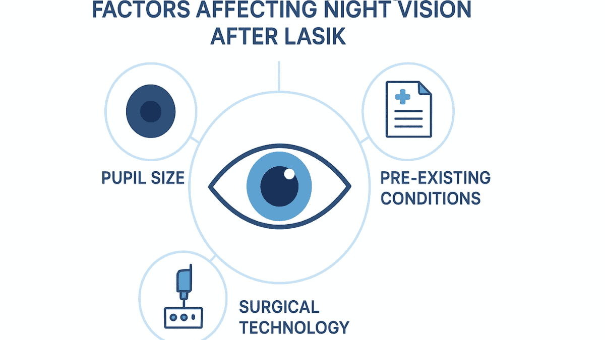 Diagram showing factors that influence night vision after LASIK surgery, including pupil size, pre-existing conditions, and technology used.