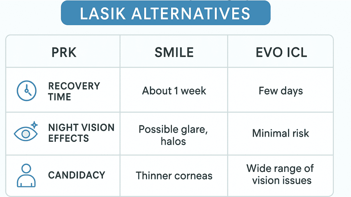 Comparison chart showing LASIK alternatives including PRK, SMILE, and EVO ICL with pros and cons for night vision.