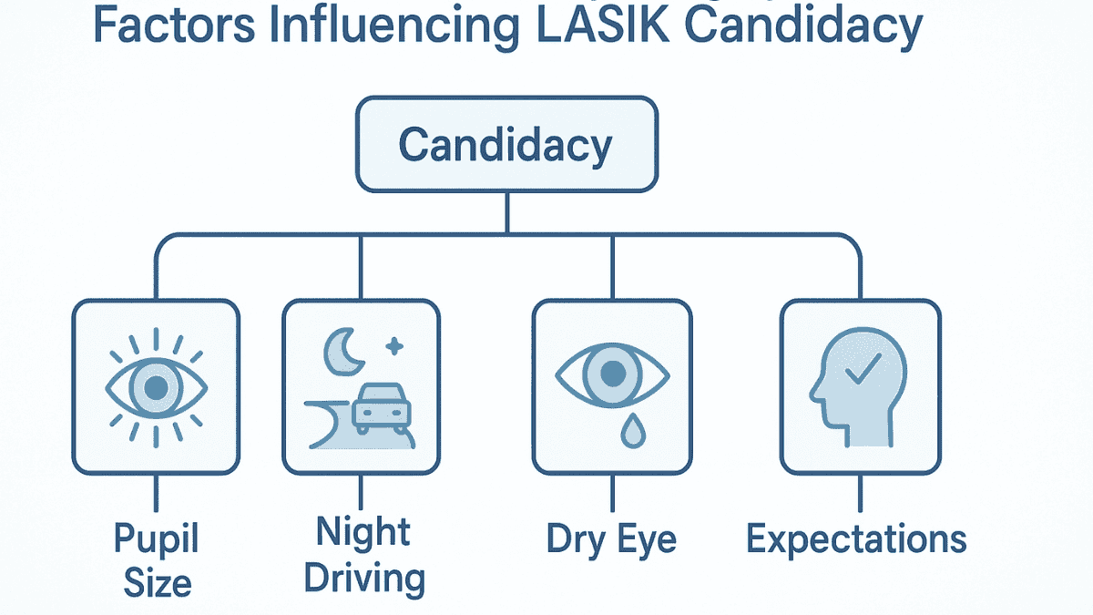 Flowchart-style graphic guiding patients through LASIK candidacy factors like night vision concerns and eye health.