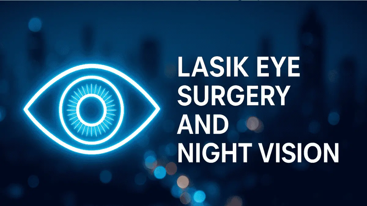 Cover image showing abstract night cityscape with glowing lights and medical eye illustration, symbolizing night vision after LASIK. LASIK Eye Surgery Night Vision cover image.