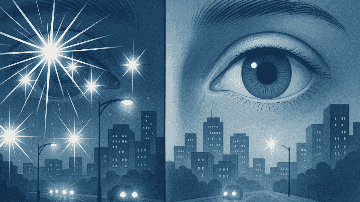 Visual comparison of night vision before and after LASIK surgery, showing effects like glare versus clear vision.