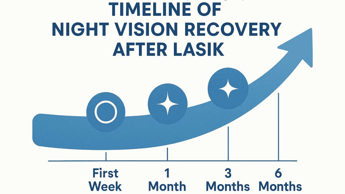 A timeline infographic illustrating how LASIK-induced night vision symptoms like halos and glare typically diminish over a 6-month recovery period.