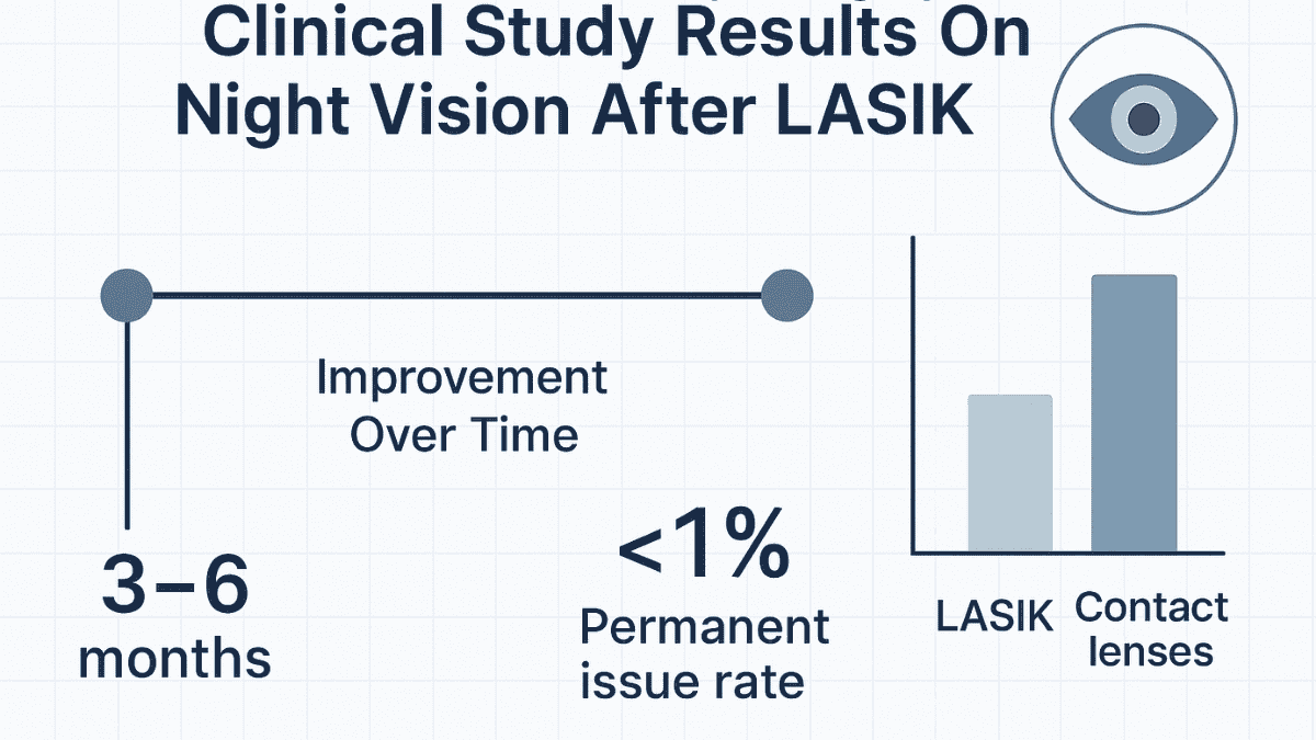 Data infographic summarizing clinical studies on LASIK and night vision, showing timeline improvements and low rates of lasting problems.