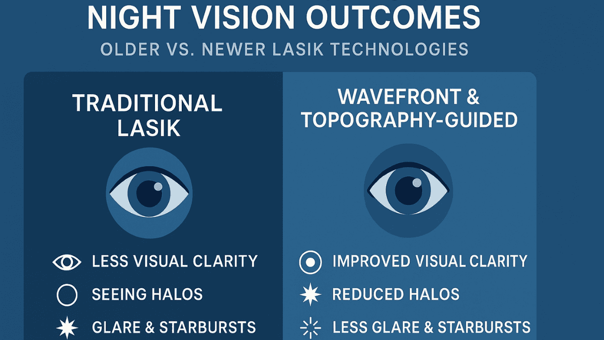 Comparison infographic showing traditional LASIK versus modern techniques and their effect on night vision quality.