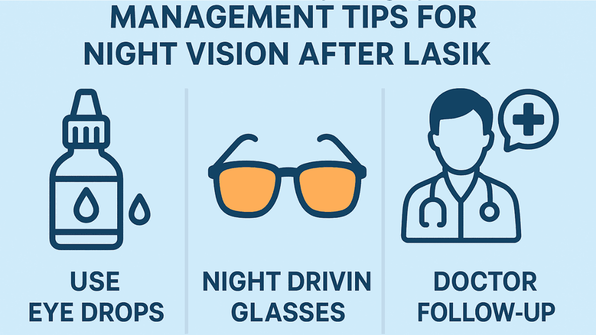 Infographic displaying three key strategies to manage night vision problems after LASIK: eye drops, special glasses, and follow-up care.