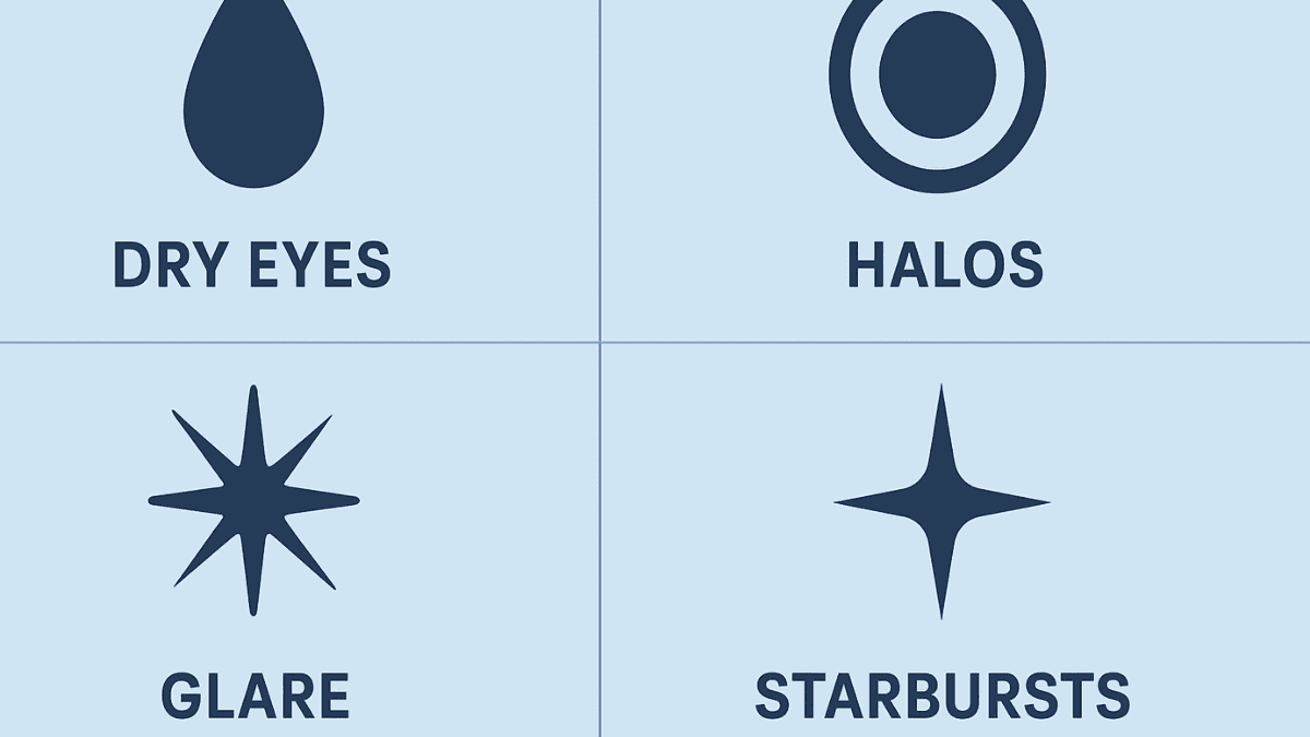Icons for dry eyes, glare, halos, and night vision issues after LASIK