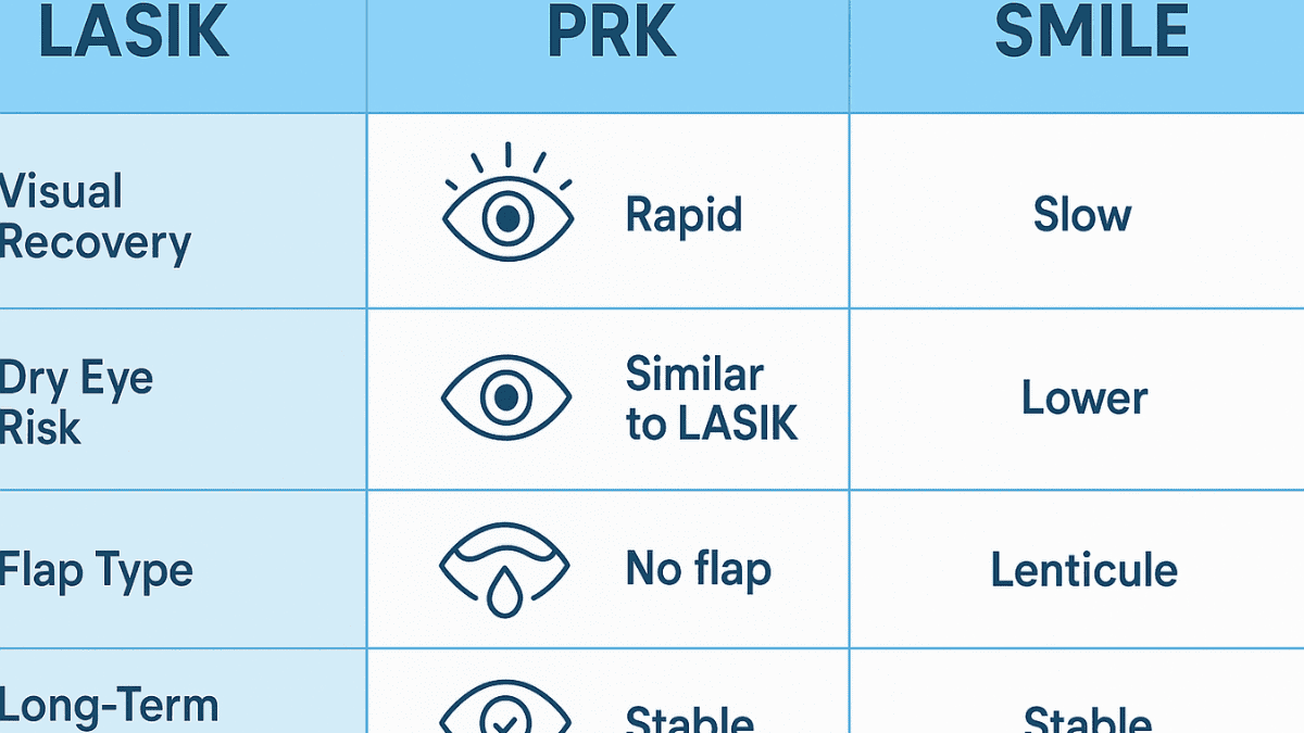 Comparison table showing LASIK, PRK, and SMILE procedures
