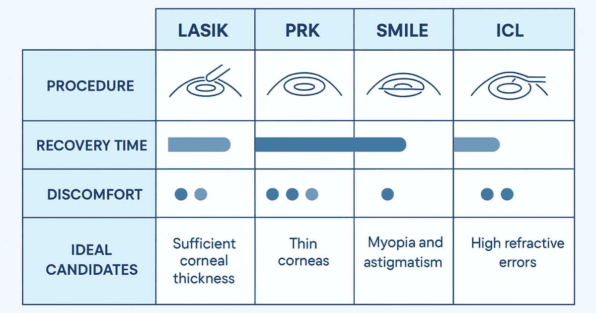 Comparison chart of LASIK, PRK, SMILE, and ICL procedures