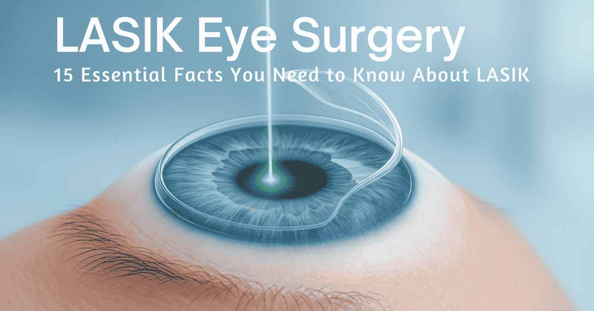 Illustration of a person undergoing LASIK eye surgery with laser and eye imagery in soft blue tones