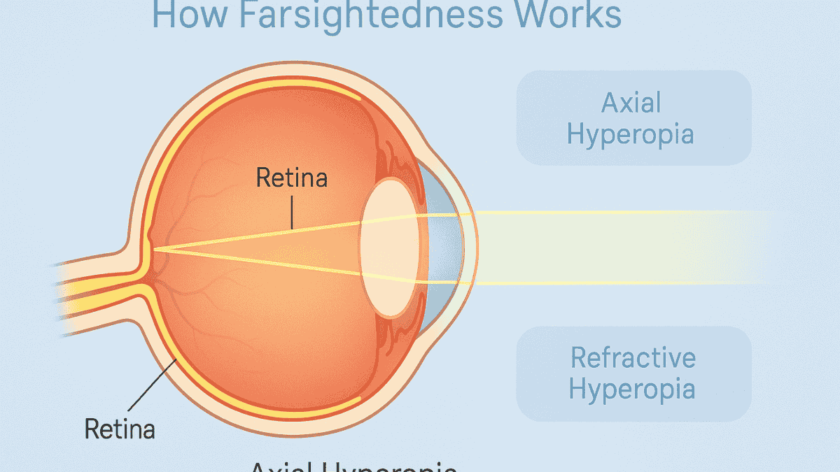 Diagram showing how farsightedness affects vision by focusing light behind the retina