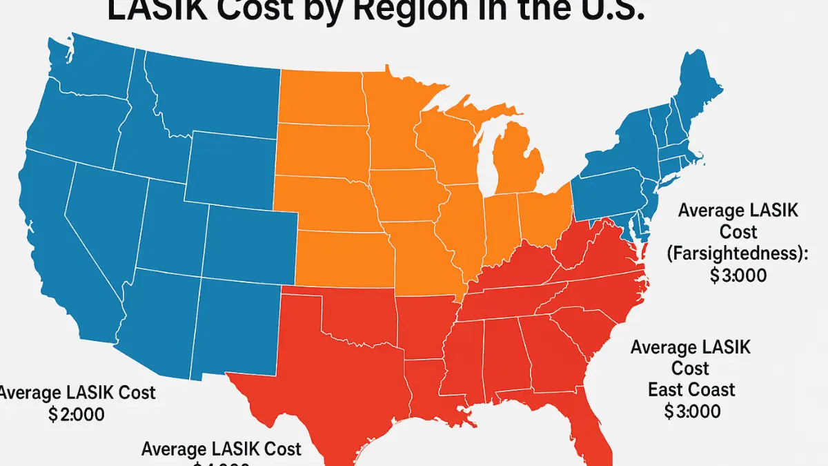 Map of the United States showing average LASIK costs by region