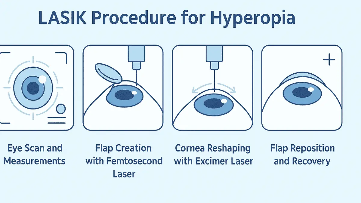 Step-by-step infographic of the LASIK surgery process for farsightedness