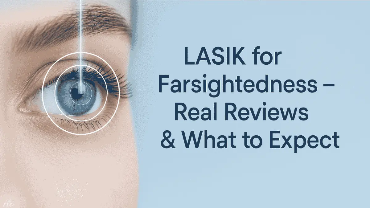 Illustrative cover visual showing LASIK eye surgery with laser beam focused on a farsighted eye, designed for the article titled LASIK Reviews for Farsightedness.