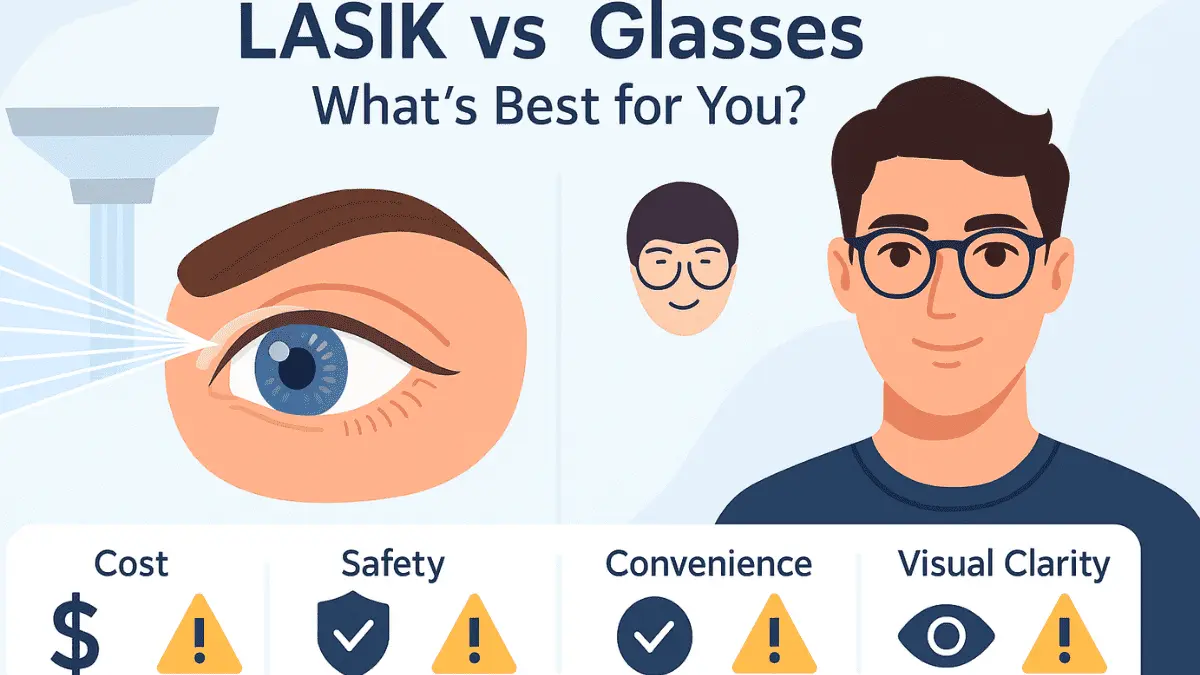 LASIK vs glasses comparison showing visual quality, cost, and convenience