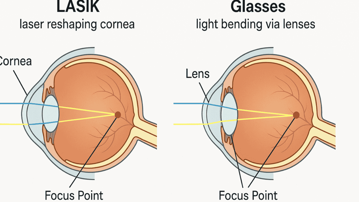 Diagram showing how LASIK reshapes cornea vs glasses bending light