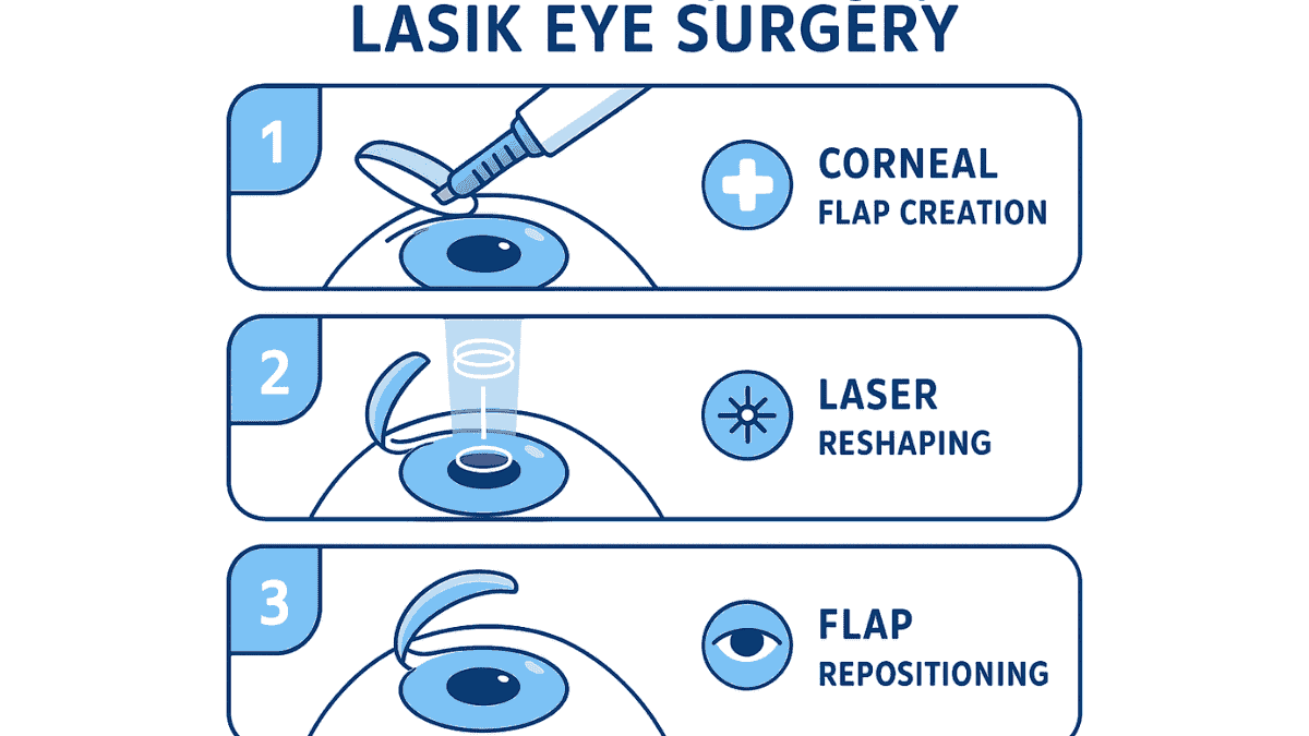 LASIK eye surgery process illustrated with flap creation and laser reshaping stages in a numbered infographic