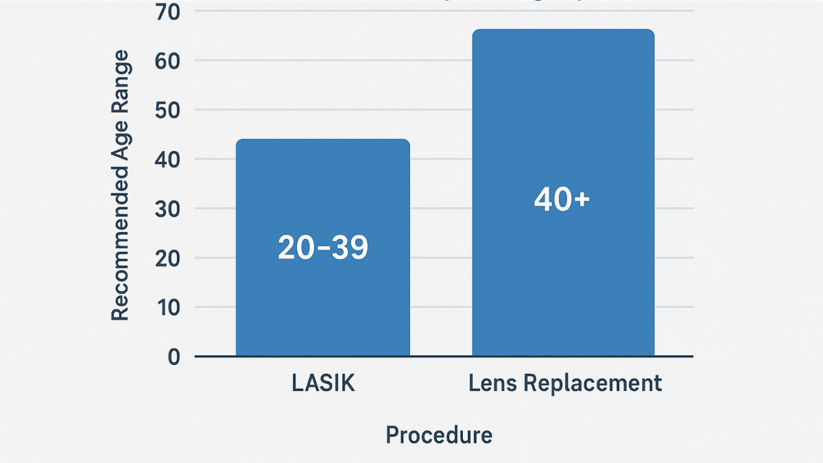 Recommended age range comparison for LASIK and lens replacement in bar chart format