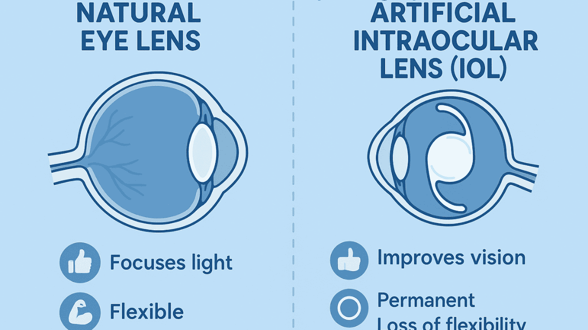 Visual comparison between natural eye lens and artificial IOL used in lens replacement surgery