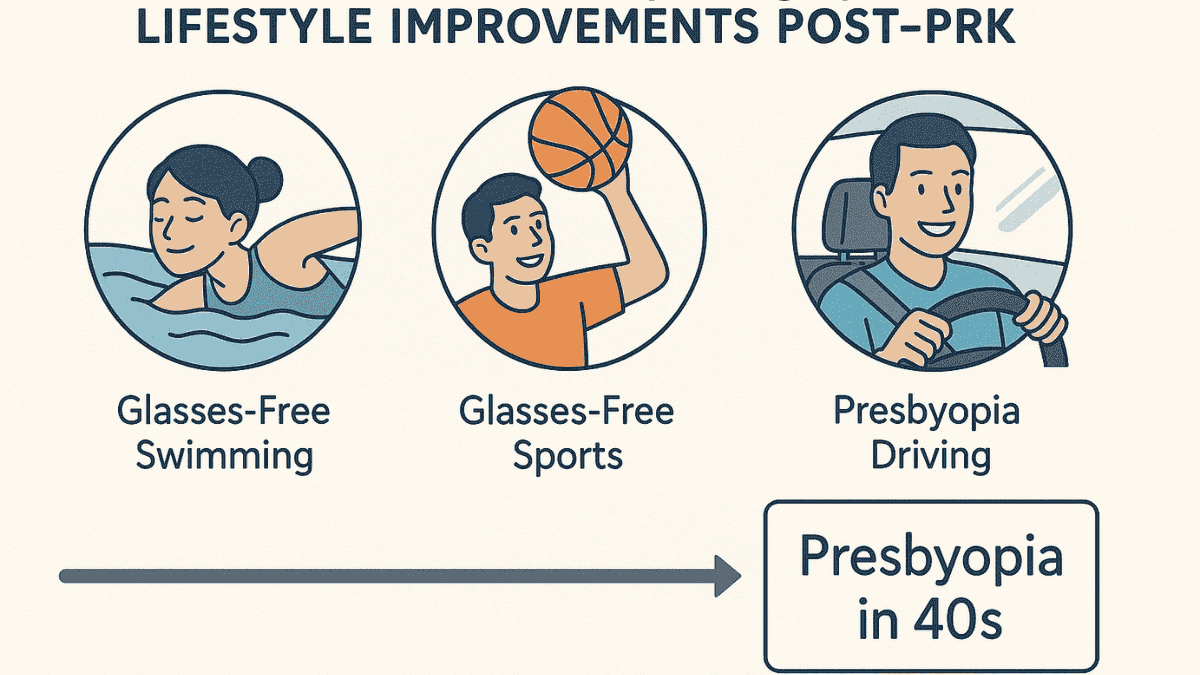Infographic illustrating life improvements after PRK, including activities like driving, swimming, and hiking.