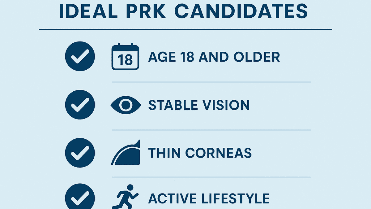 Visual checklist summarizing key criteria for ideal PRK candidates, including age, eye stability, and profession.
