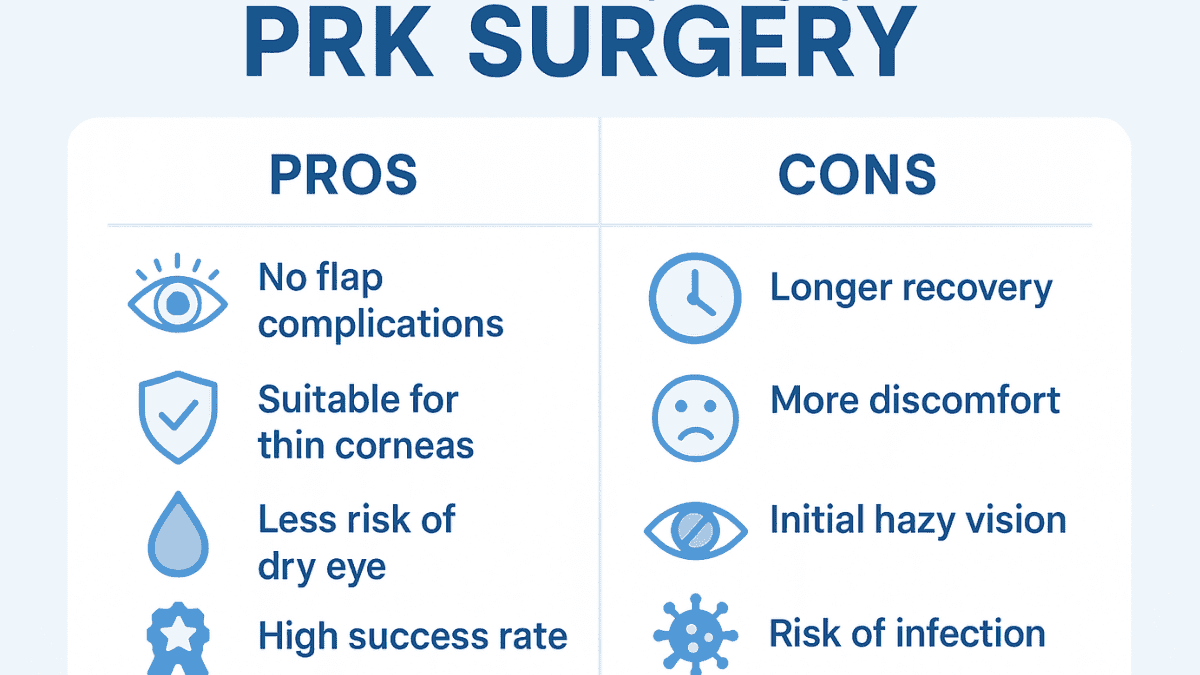 Two-column chart comparing the benefits and drawbacks of PRK eye surgery.
