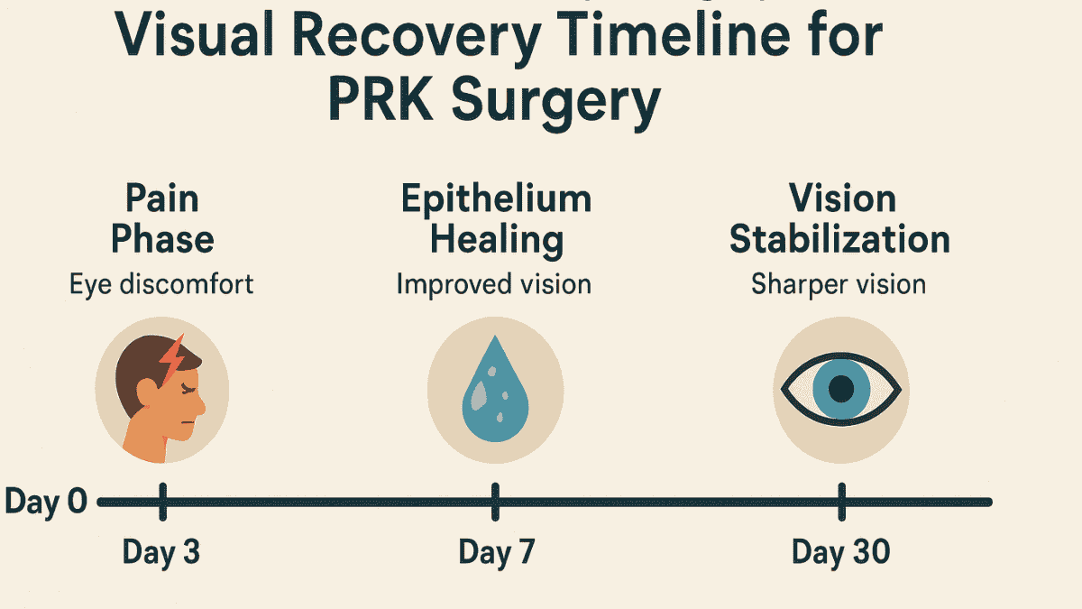 Timeline graphic showing PRK recovery milestones from surgery day to one month post-op.
