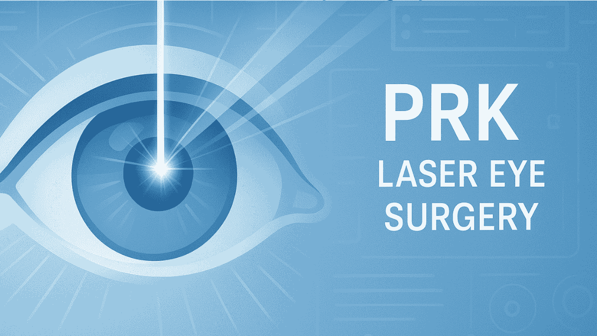 A clean medical-style blog cover image showing a stylized human eye with a laser beam gently reshaping the cornea, representing PRK surgery.