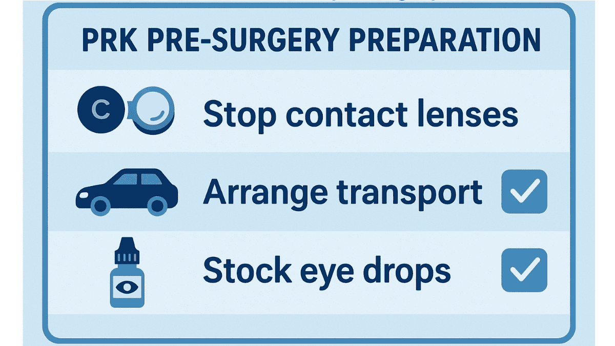 Visual checklist of essential steps before undergoing PRK laser surgery.