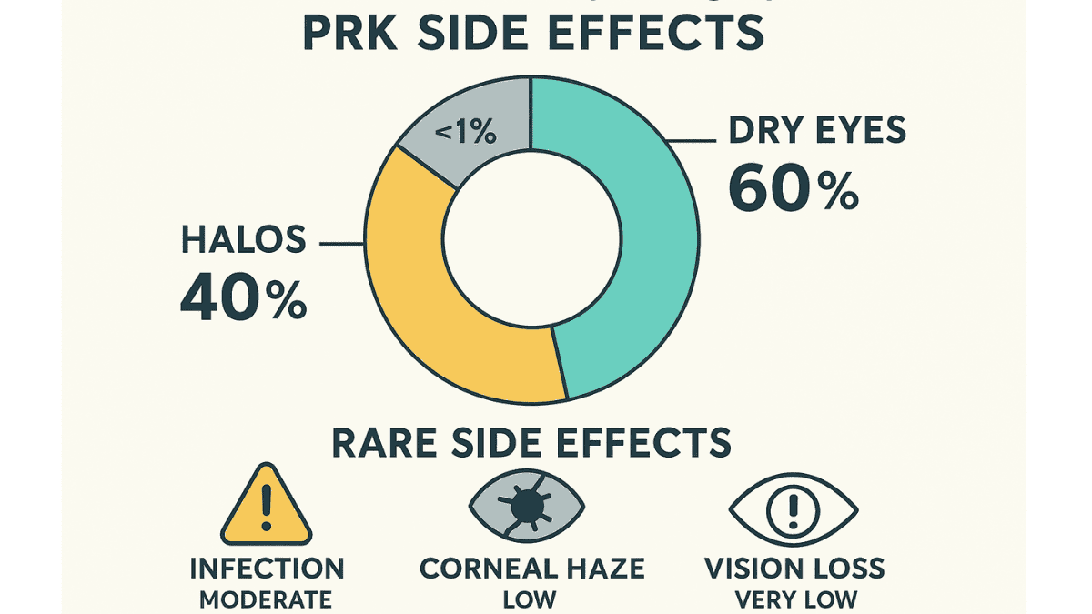 Breakdown chart showing potential side effects of PRK, such as dry eyes and glare, with visual frequency indicators.