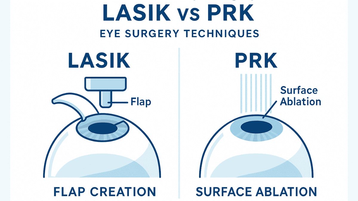 Side-by-side infographic showing structural differences between PRK and LASIK eye surgery methods.