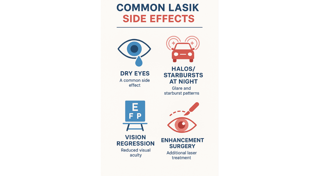 Infographic showing LASIK risks: dry eyes, night halos, regression, enhancement needs