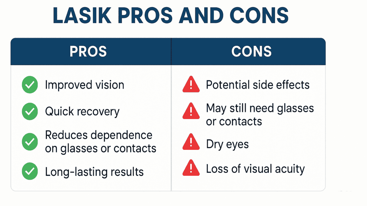 Summary table infographic listing LASIK advantages and disadvantages