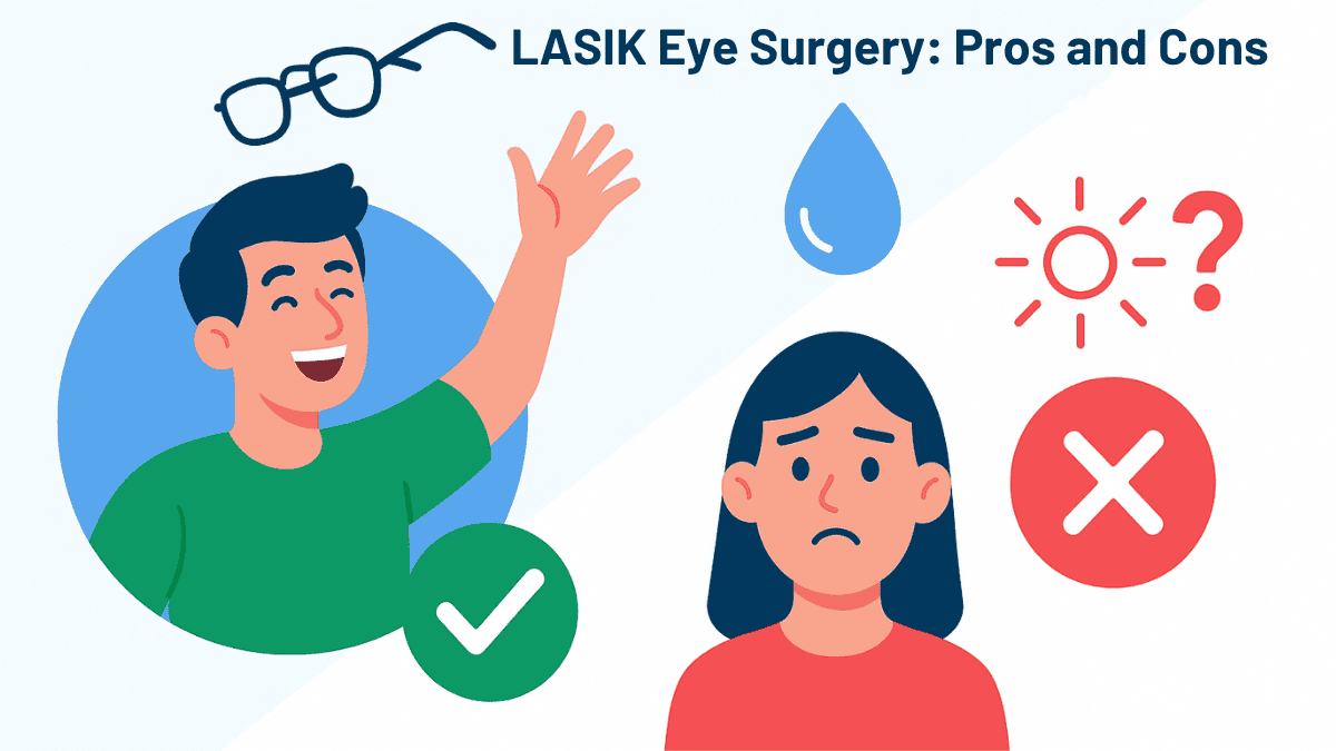 Visual split showing pros and cons of LASIK eye surgery in 2025