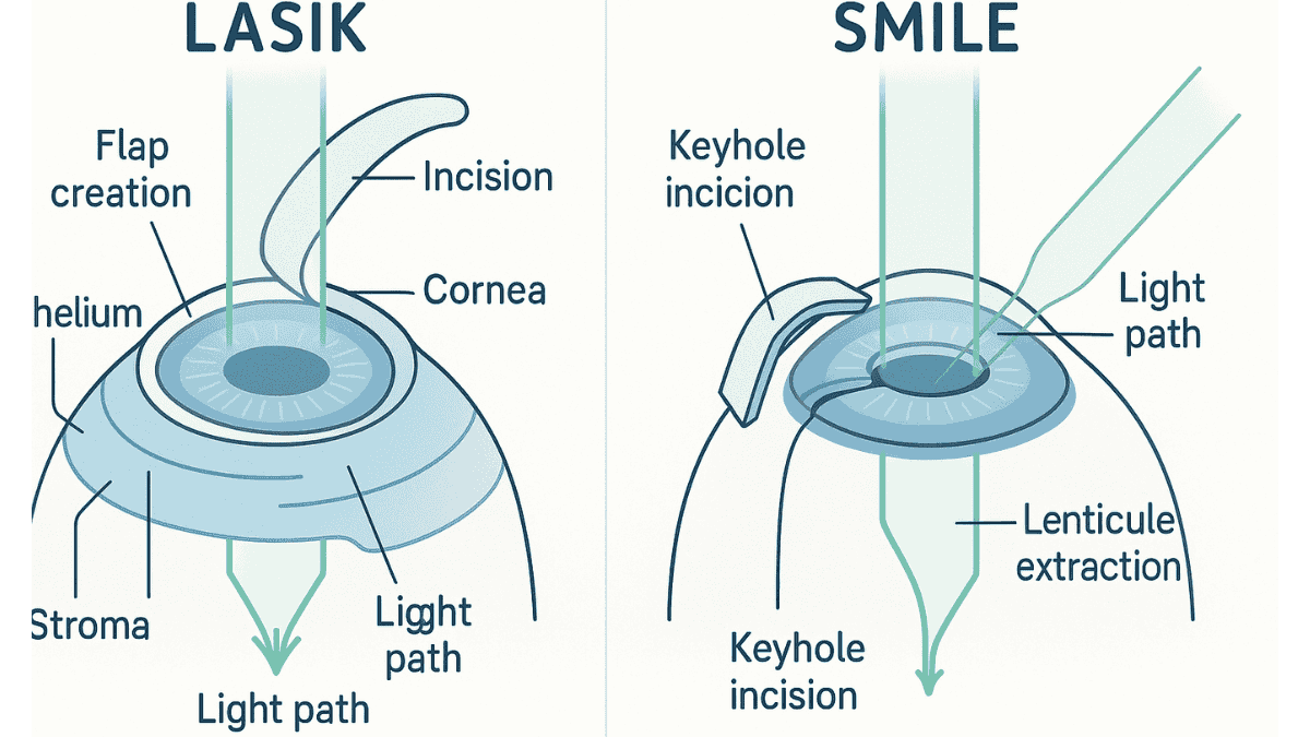 Medical-style diagram showing SMILE vs LASIK procedures
