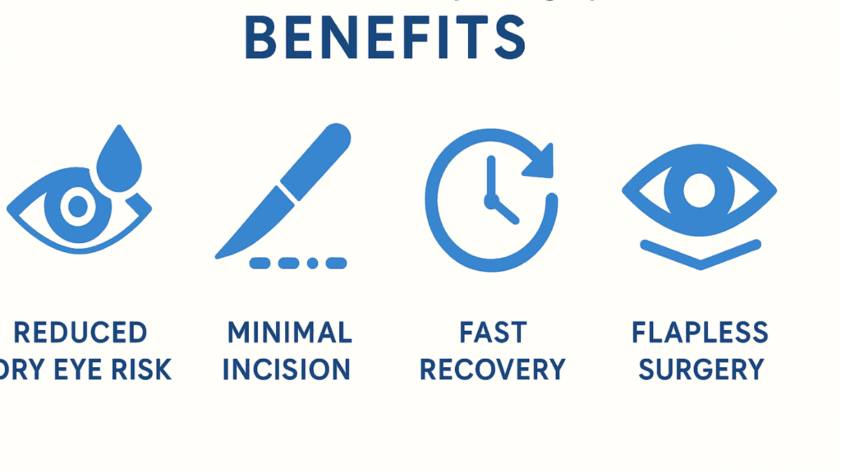 Infographic summarizing the main benefits of SMILE laser eye surgery, including dry eye reduction and fast recovery.