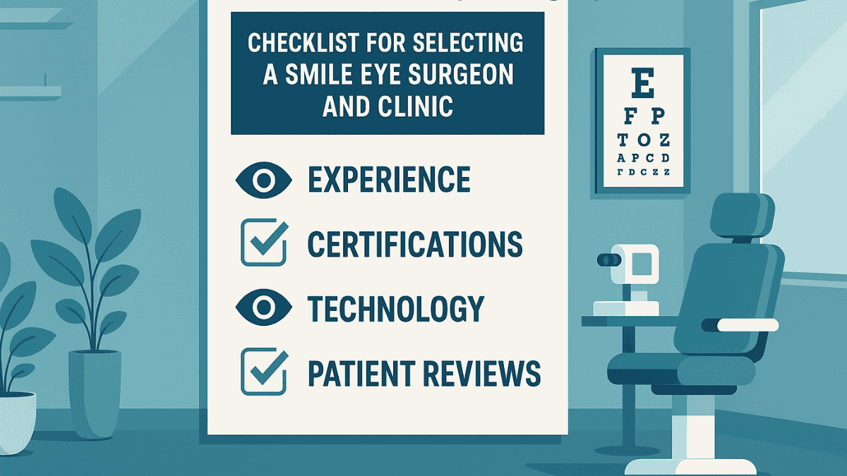 Checklist infographic outlining key factors in choosing a SMILE surgeon and eye clinic.