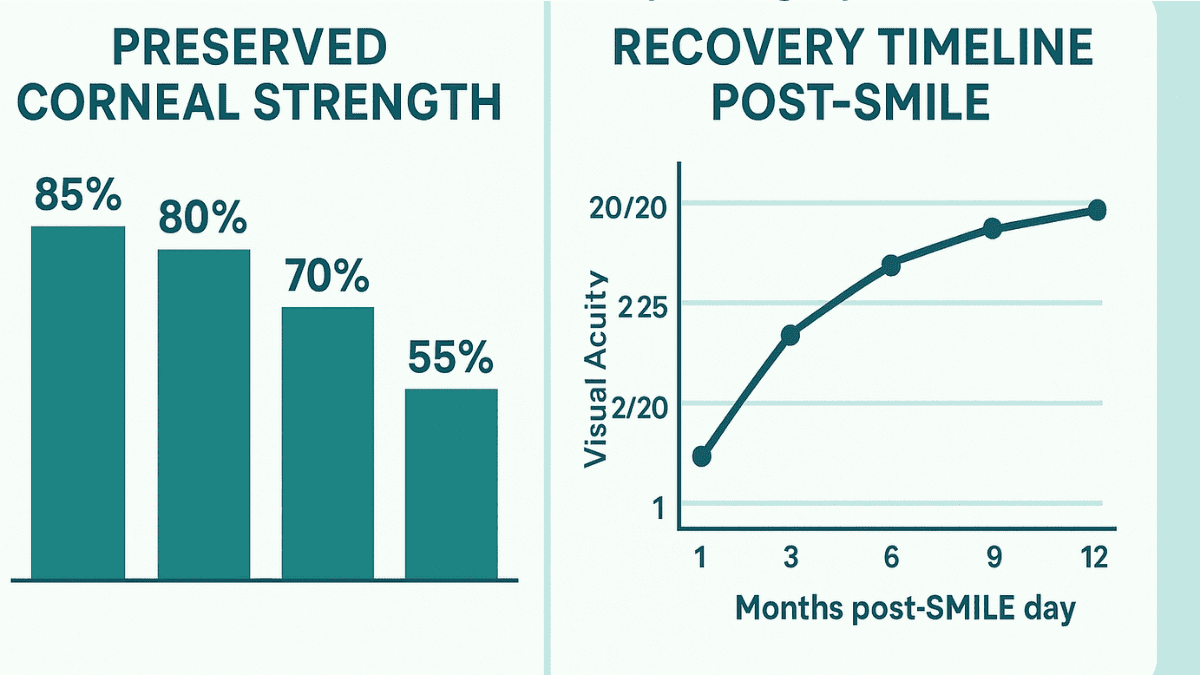 Infographic illustrating corneal strength preservation and recovery timeline after SMILE surgery.