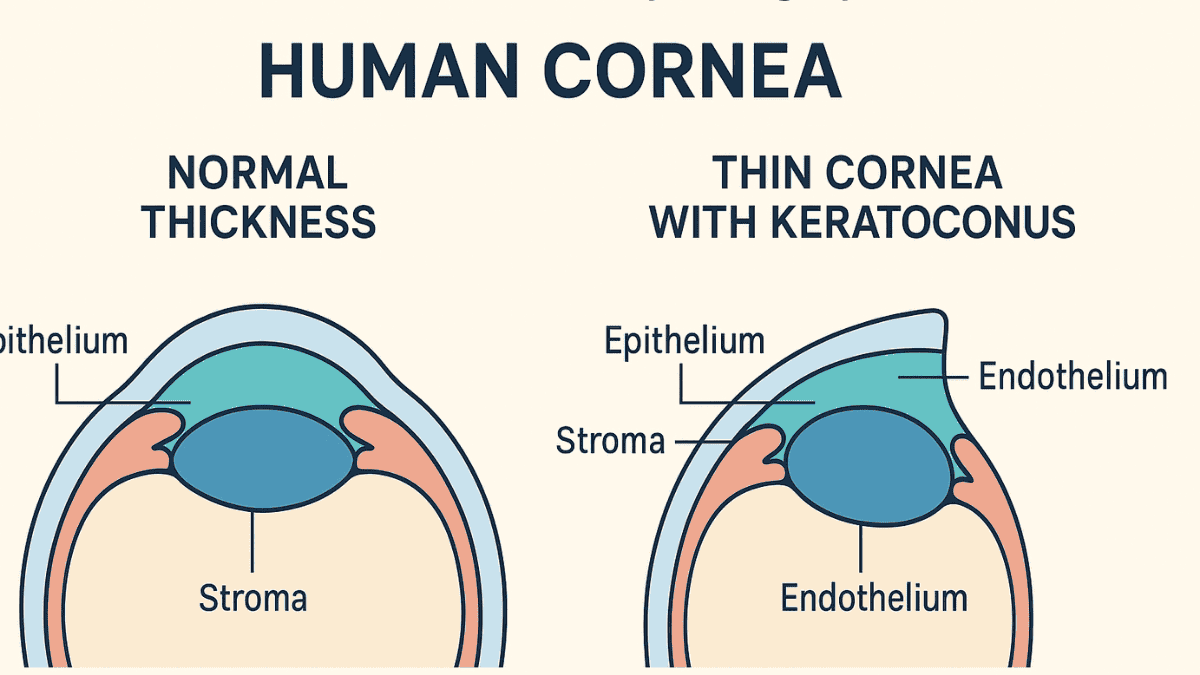 Diagram comparing normal corneal thickness to a thin cornea with keratoconus.