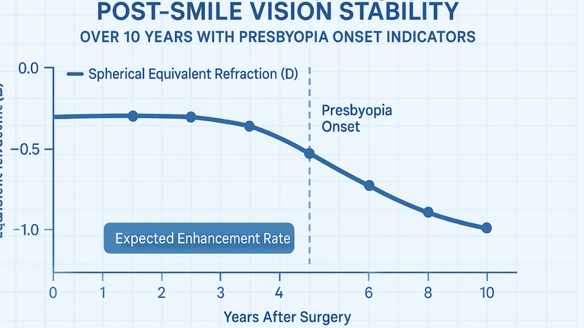 Infographic showing 10-year visual outcome trends after SMILE, including enhancement probabilities.