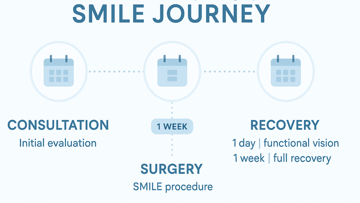 Timeline visualizing each step of the SMILE eye surgery experience from consultation to recovery.